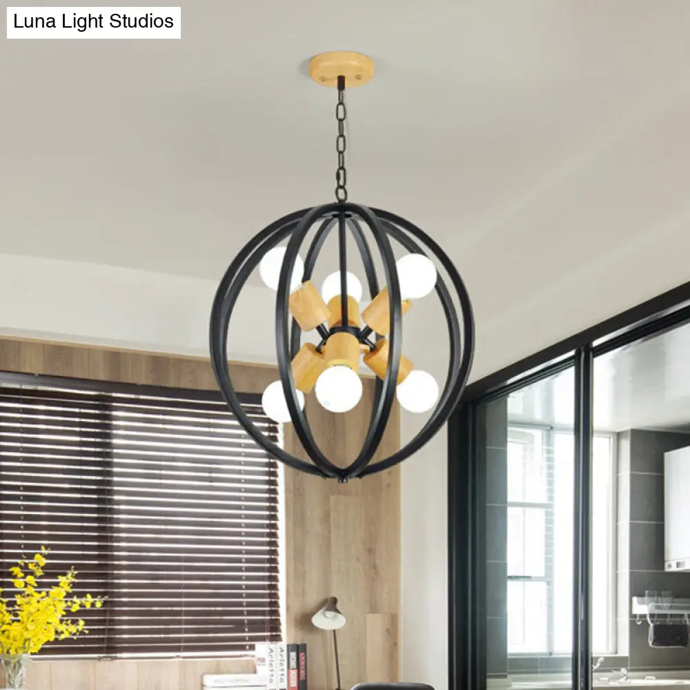 Spherical Antique Style Wrought Iron Ceiling Lamp with 6 Lights - Black/White Chandelier for Dining Room Lighting