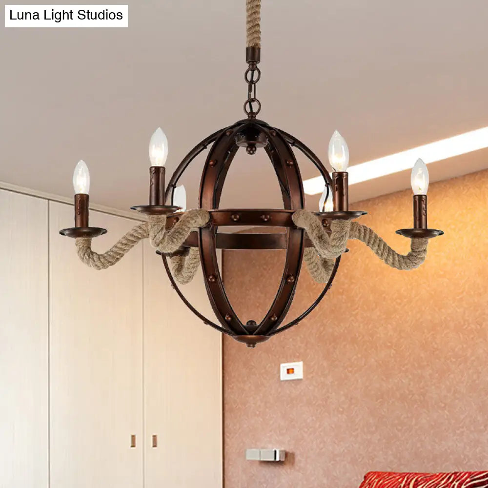 Spherical Chandelier Light Fixture with Rustic Black Finish - Antique Metal Multi-Light Farmhouse Hanging Lamp + Rope/Chain