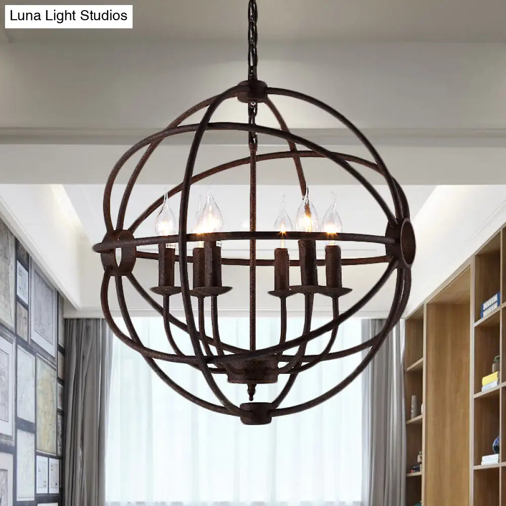 Spherical Wrought Iron Hanging Light: Antique Style Indoor Chandelier Lamp in Black/Rust with 3/6/7 Lights