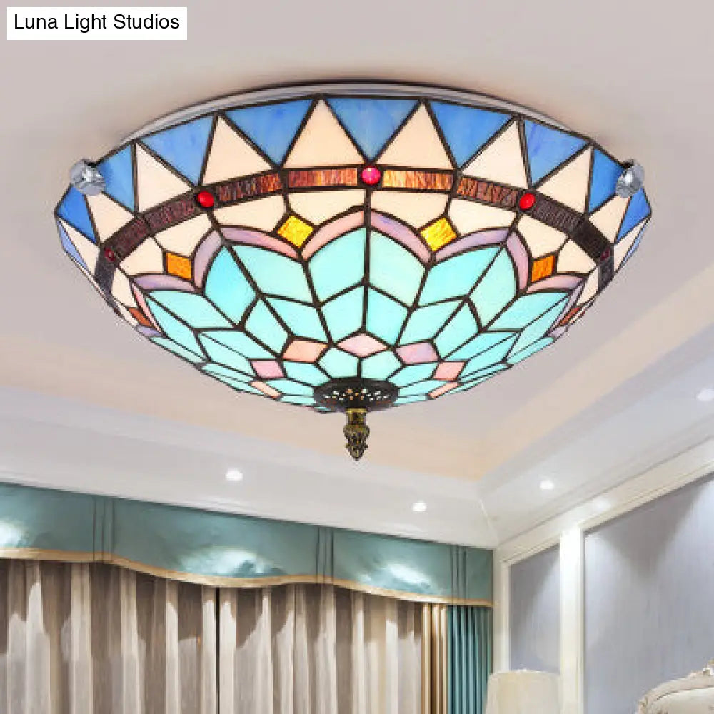 DecorBites™ DecorBites™ Stained Glass Bowl Flush Mount Ceiling Light - Lodge Style - 1/2/4 Light - Blue/Light Blue - 12"/16"/19.5" Width