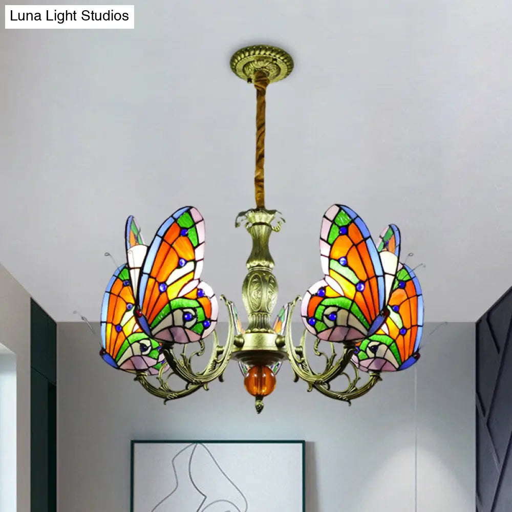 Stained Glass Butterfly Chandelier: Orange, Yellow & Green Colors, 3/5 Bulbs, Perfect for Bedroom