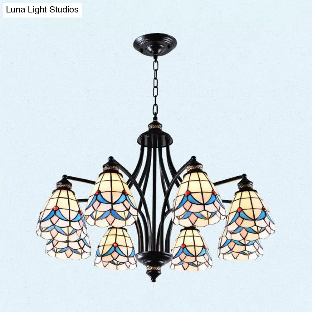 Stained Glass Chandelier - Scrolling Arm, Mediterranean Design, 3/5/8 Lights, Black Suspension Fixture