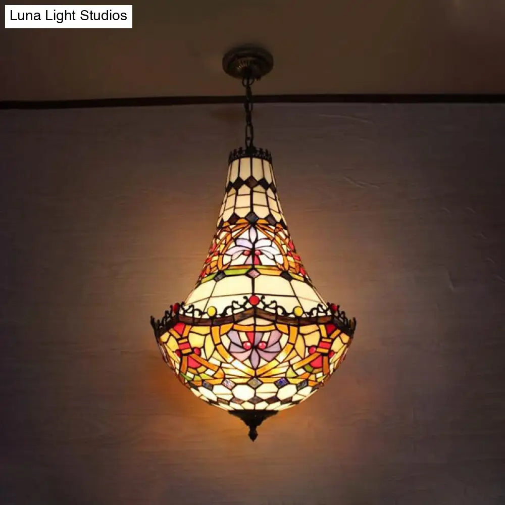 Stained Glass Flower Chandelier Lighting in Black with 2/3/5 Lights, Available in 10"/12"/16" Widths