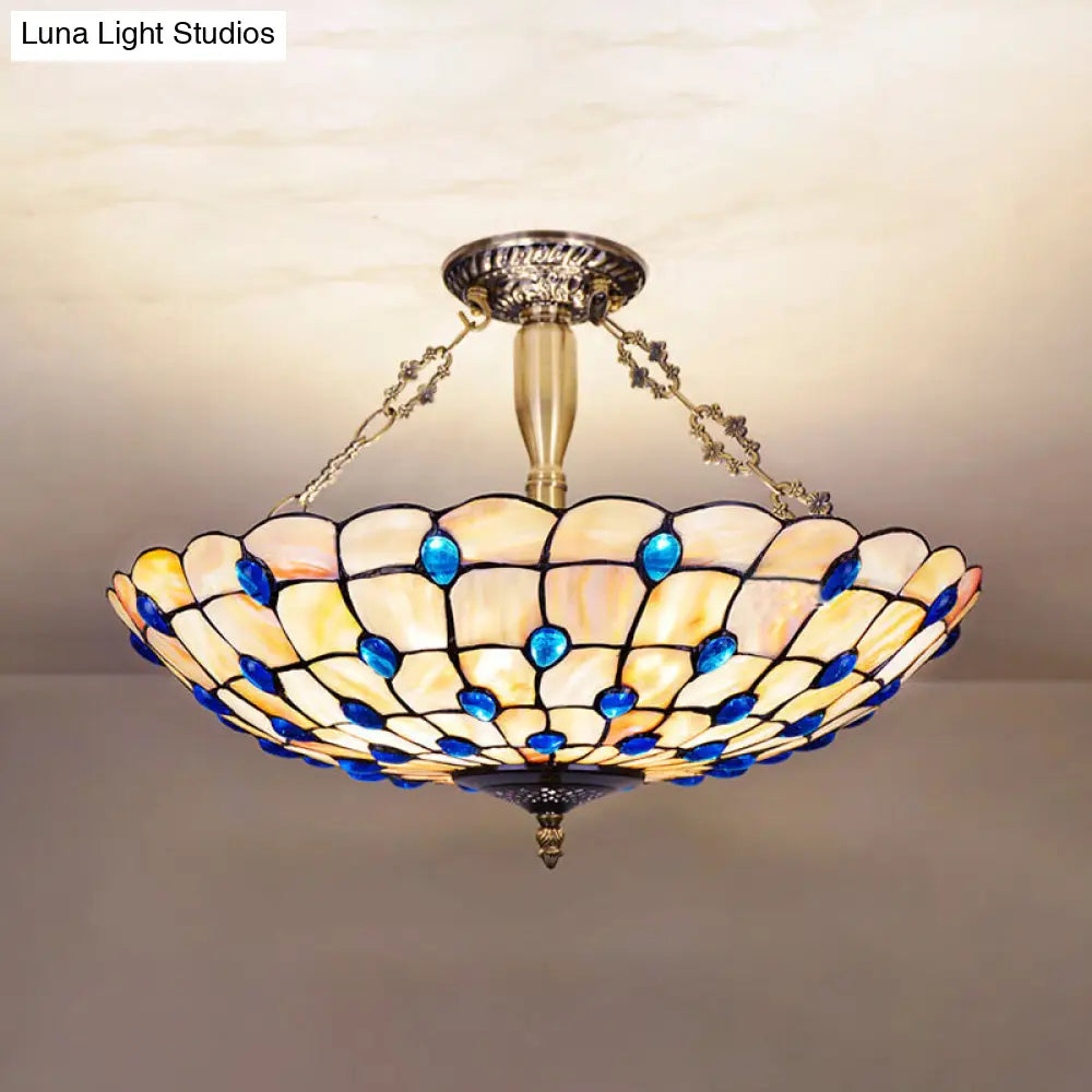 DecorBites™ DecorBites™ Stained Glass Semi Flush Ceiling Light with Jewel Decoration - Retro Style, Yellow/Beige, Various Sizes - Perfect for Bedrooms