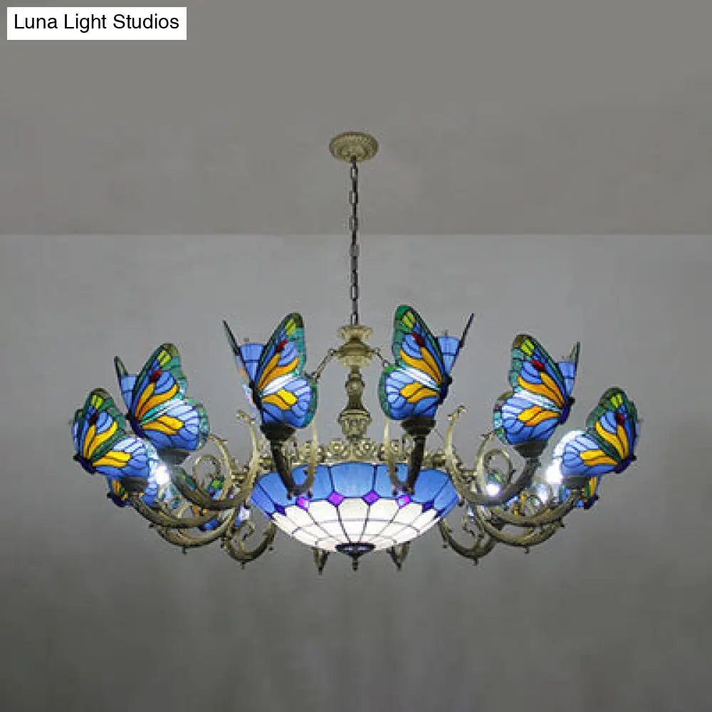 Stained Glass Tiffany Chandelier - Butterfly Indoor Pendant Light in Blue Tones for Hallway