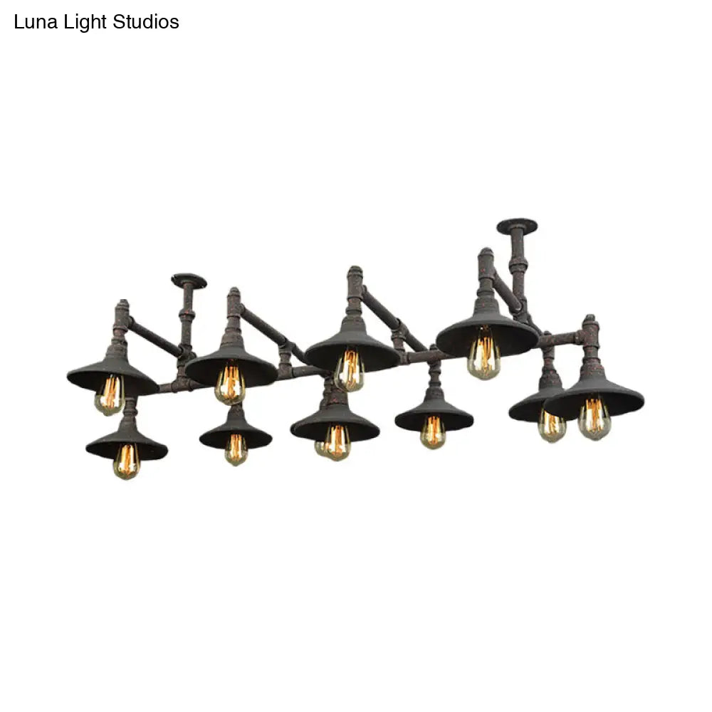 Steampunk Iron Chandelier with Saucer Shades in Black/Rust - 5/8/11 Bulbs for Living Room Piping Design