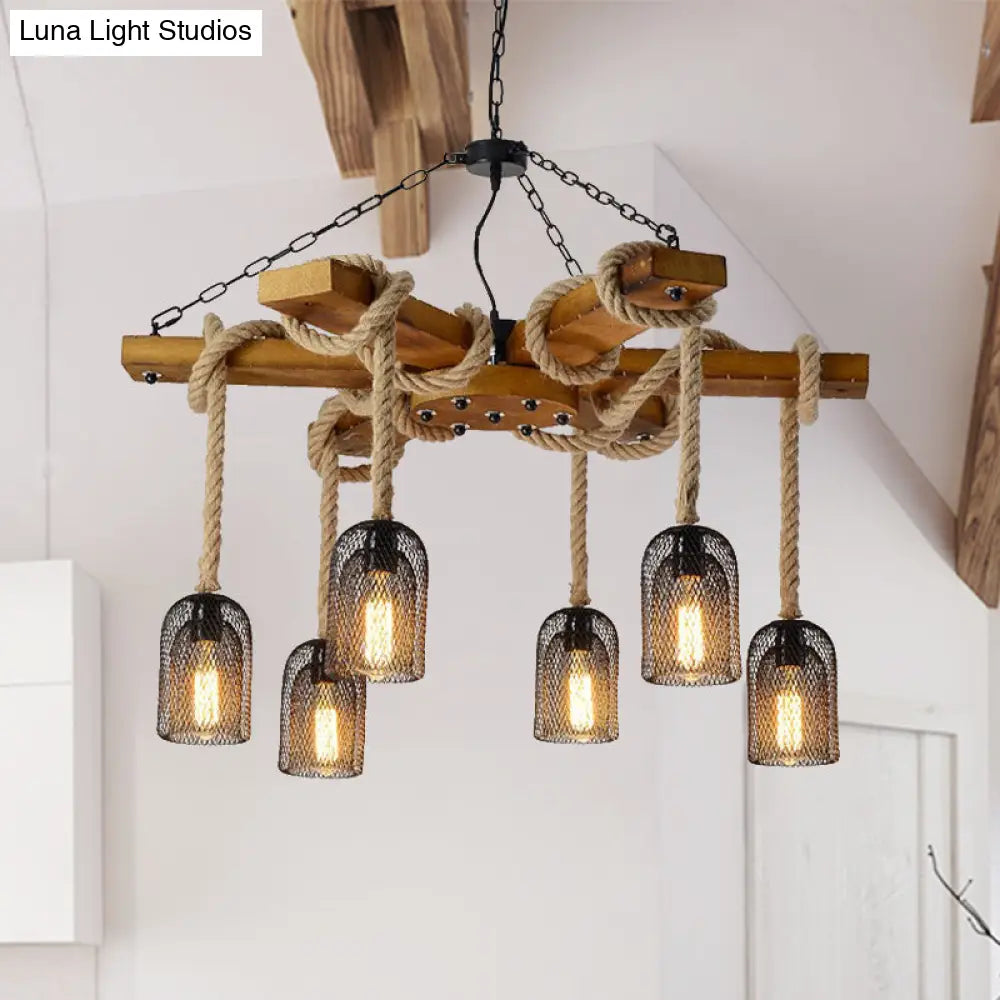 Lámpara colgante de estilo rústico: Lámpara de techo de madera y cuerda con malla metálica, 3/6 luces, base marrón