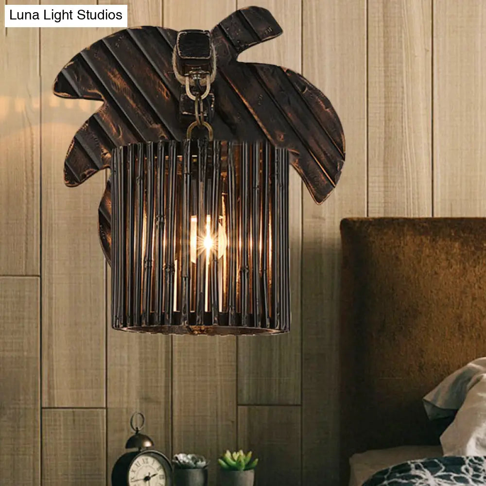DecorBites™ DecorBites™ Stylishly Modern Black Cylindrical Wall Light with Bamboo Lamp and Wooden Leaf Backplate