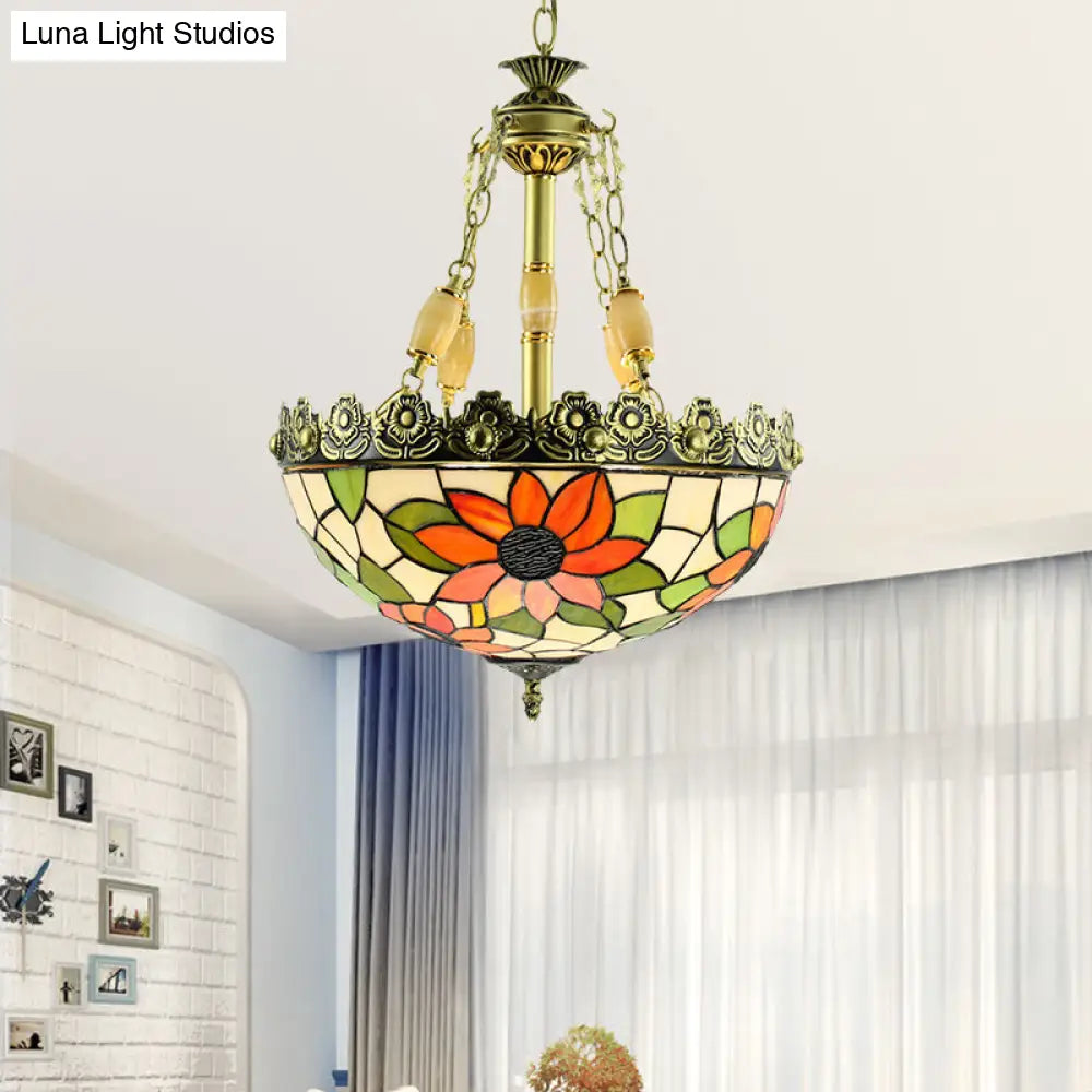 Sunflower/Rose Chandelier Pendant Light Kit - Stained Art Glass, 3/4 Lights, Red/Green - Bedroom Lighting