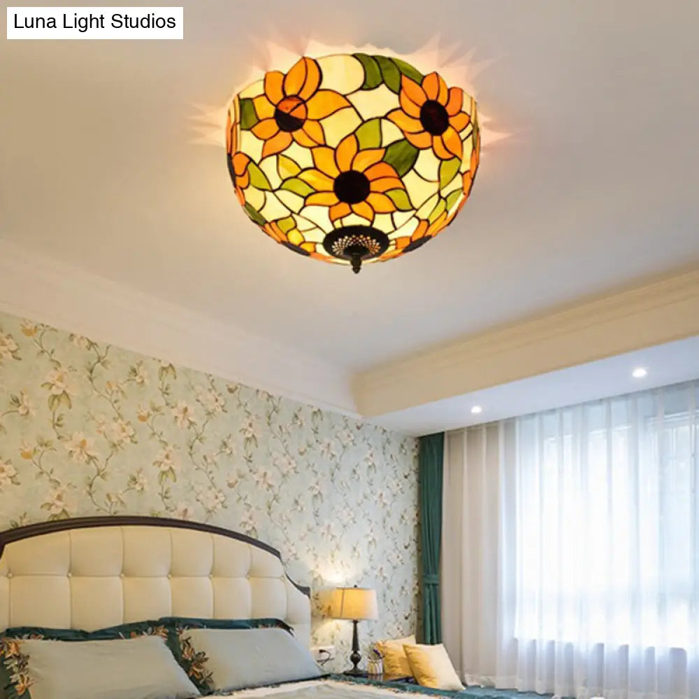 DecorBites™ DecorBites™ Sunflower Stained Glass Ceiling Fixture - Tiffany 2/3 Lights - Yellow & Green - Flushmount Lamp, 12"/16" W