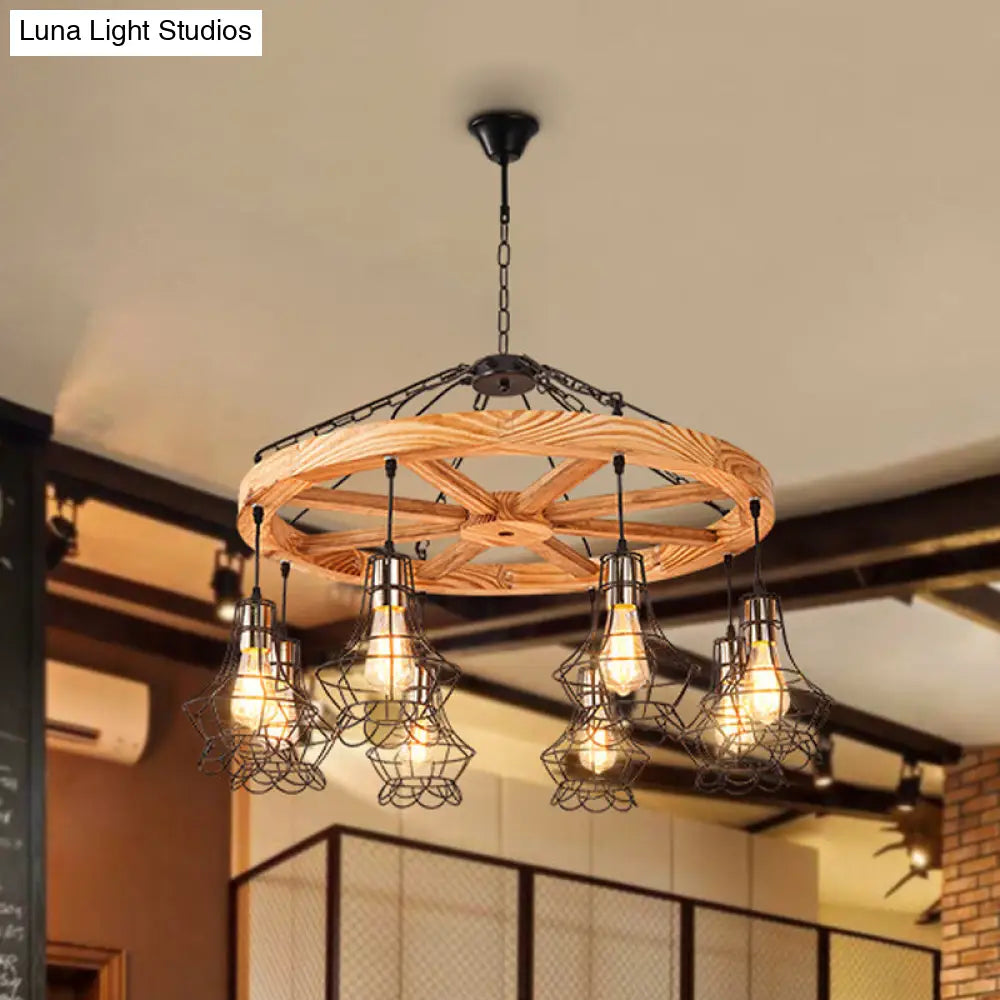 Suspension Wooden Wagon Wheel Chandelier - Rustic 6/8-Light Fixture with Wire Cage for Dining Hall Ceiling