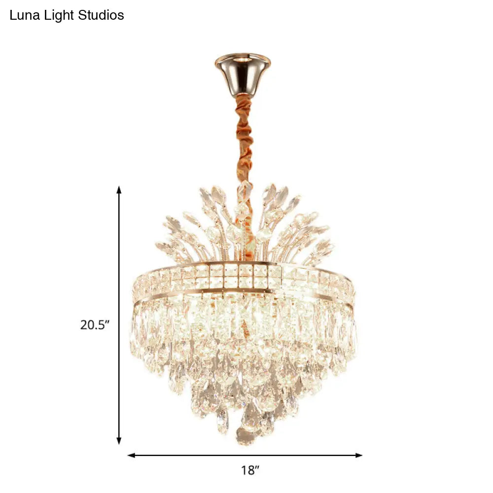 Lámpara de araña cónica con cristal facetado moderno, 9 luces, acabado dorado – Ideal para colgar en el dormitorio