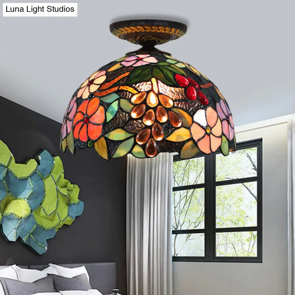 DecorBites™ DecorBites™ Tiffany 1-Light Stained Glass Blossom Ceiling Lamp- Brass Flushmount, 12"/16" Width