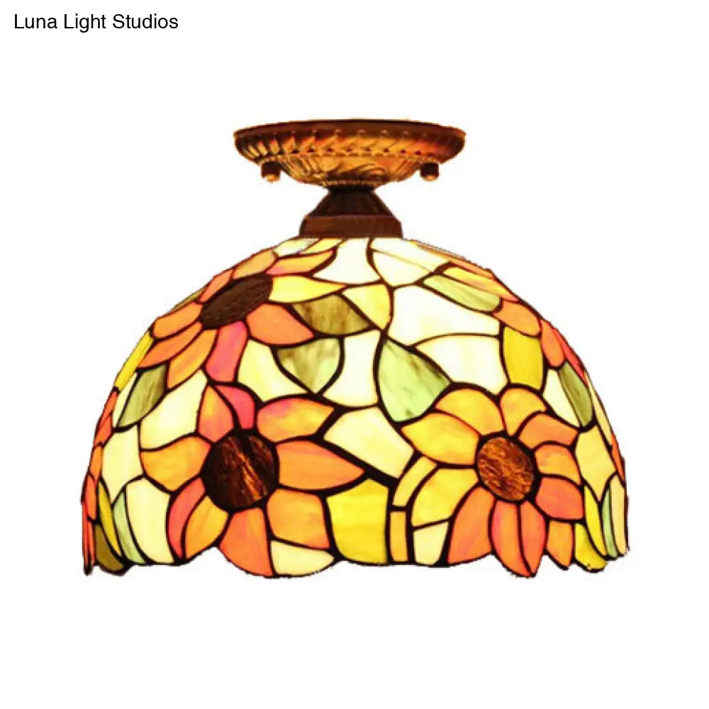 ديكوربايتس™ مصباح سقف تيفاني ثنائي الإضاءة بقبة شبه مدمجة بنقشة عباد الشمس باللون النحاسي/البرونزي - إضاءة غرفة النوم