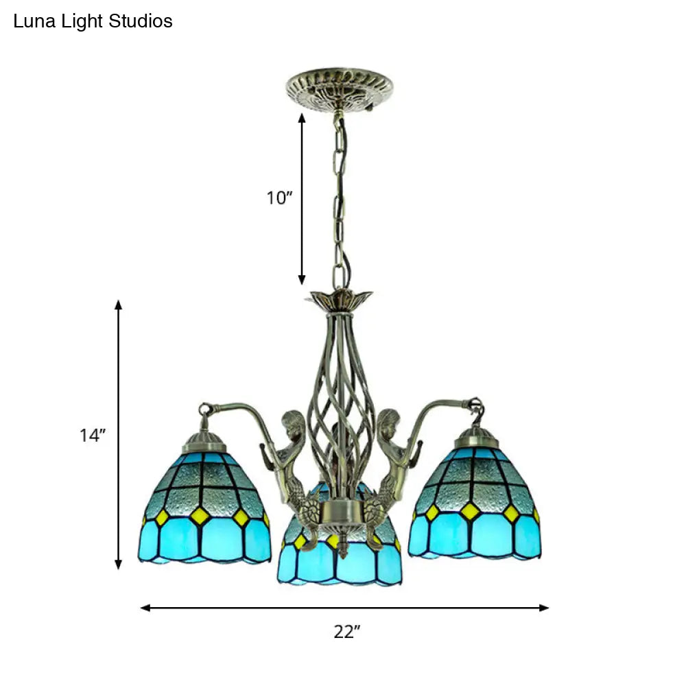 Tiffany Blue Glass Chandelier with 3 Lights - Hand Cut Dome Design for Ceiling Lighting