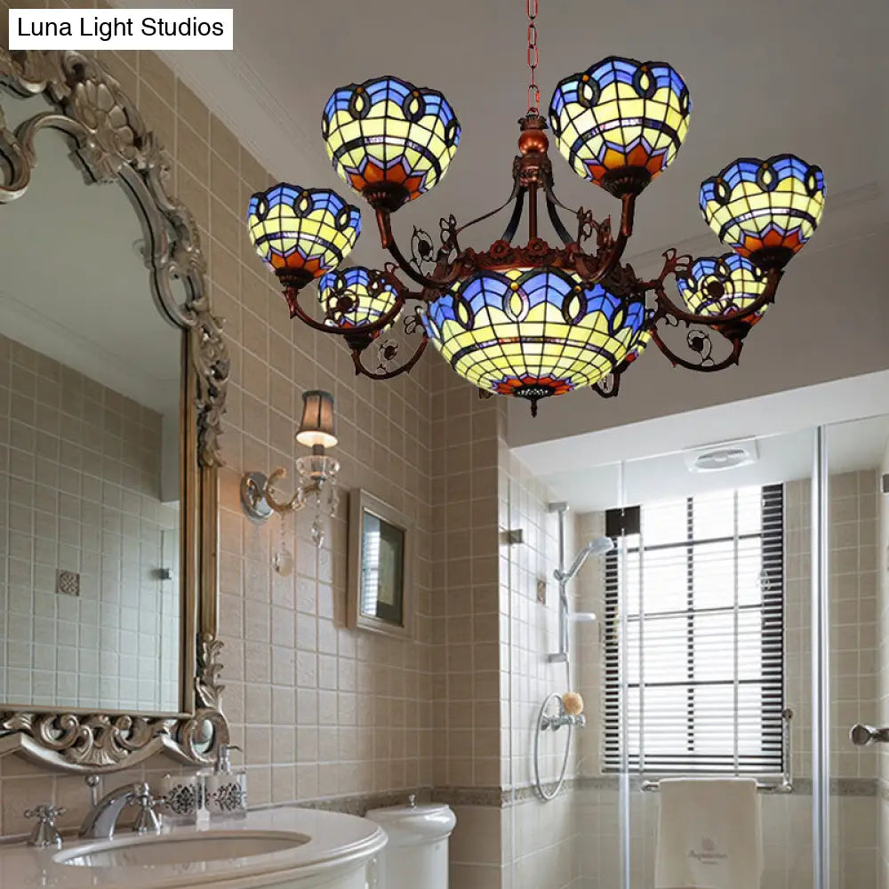 Tiffany Copper Finish Chandelier Light with Suspended Bowl Glass Shades & 7/9 Heads in Blue/Yellow