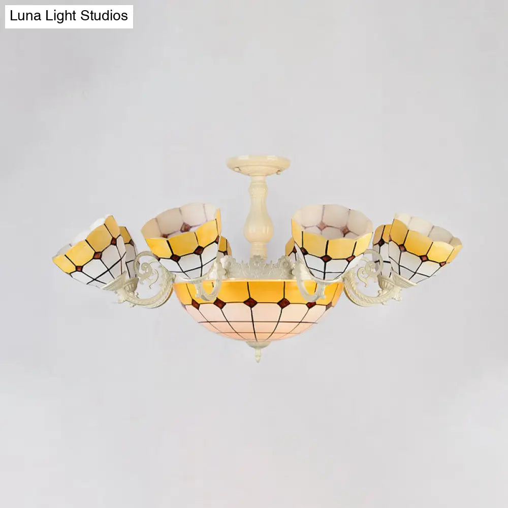 DecorBites™ DecorBites™ Tiffany Gold/White Stained Glass Semi Flush Mount Ceiling Light - Grid Pattern, 11 Heads