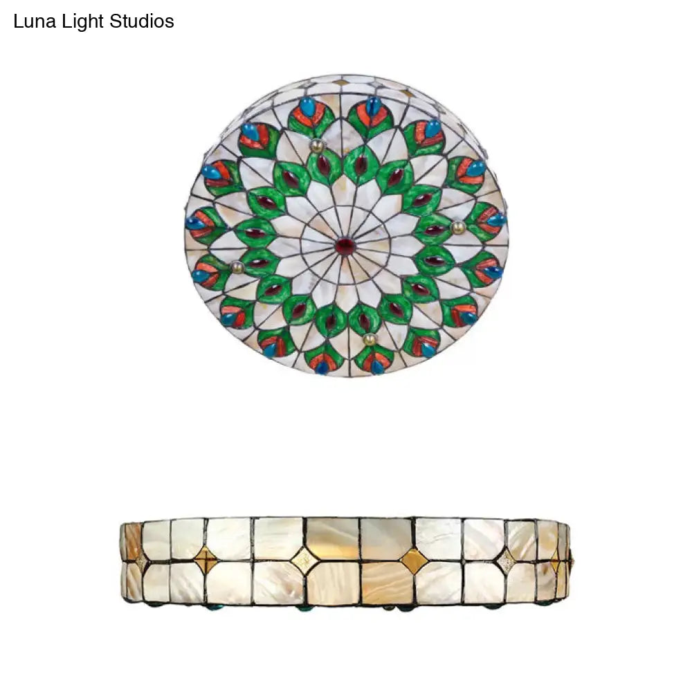 DecorBites™ DecorBites™ Tiffany Peacock Pattern Drum Flushmount Ceiling Lights, 4-Light Bedroom Lighting with Art Glass Shade