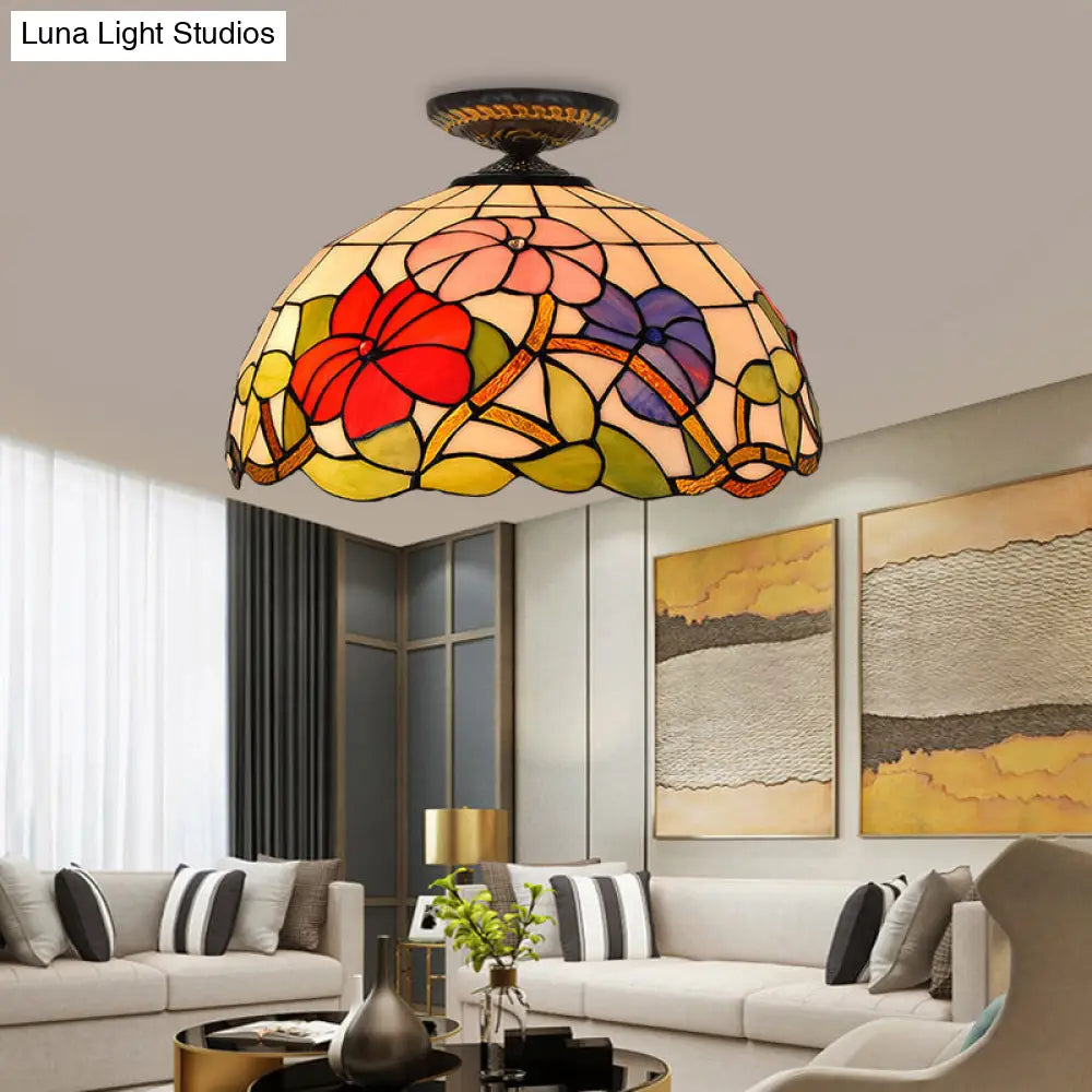 DecorBites™ DecorBites™ Tiffany Peony Flush Mount Lamp: Stained Glass Ceiling Lighting Fixture in Bronze, 12"/16" Wide