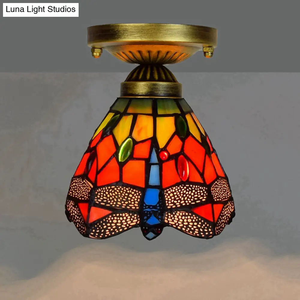 DecorBites™ DecorBites™ Tiffany Stained Art Glass Semi Flush Mount Ceiling Light - Single-Bulb Shaded Fixture