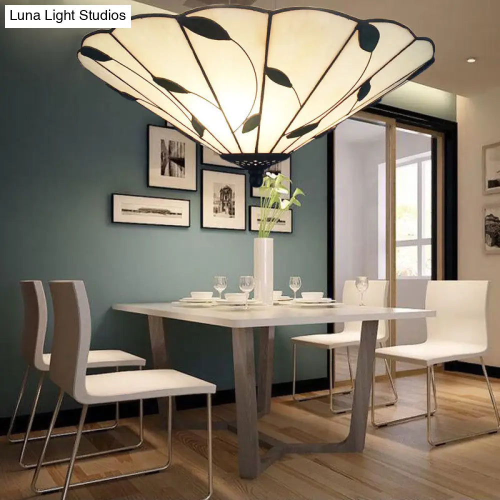 DecorBites™ DecorBites™ Tiffany Stained Glass Ceiling Light with Geometric Design and Leaf Theme (3 Lights, White/Beige Flush Mount)