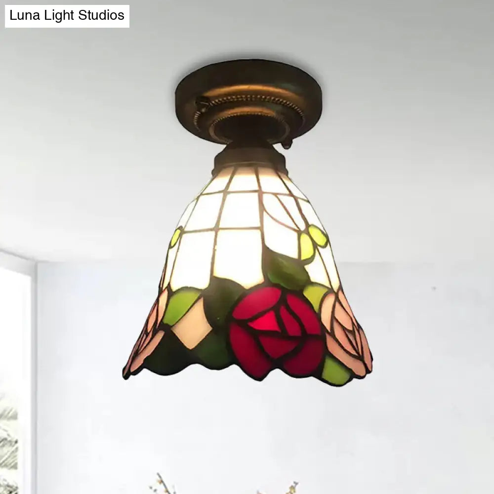 Lámpara de techo DecorBites™ Tiffany de vitral para tienda de telas – Diseño de flor/pájaro/fénix de 1 cabezal en negro con detalles de rosas rosas y rojas