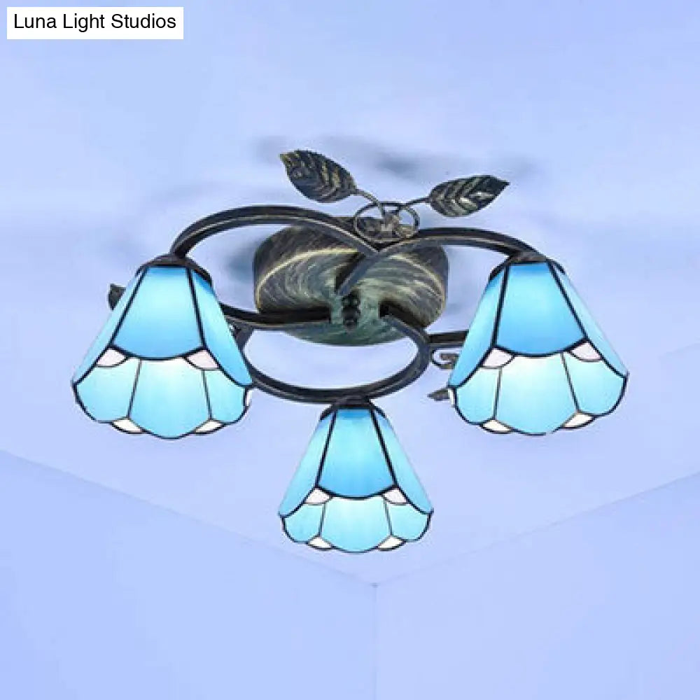 DecorBites™ DecorBites™ Tiffany Stained Glass Conic Shape Ceiling Light - 3 Lights Flush Mount Fixture in White/Blue for Living Room