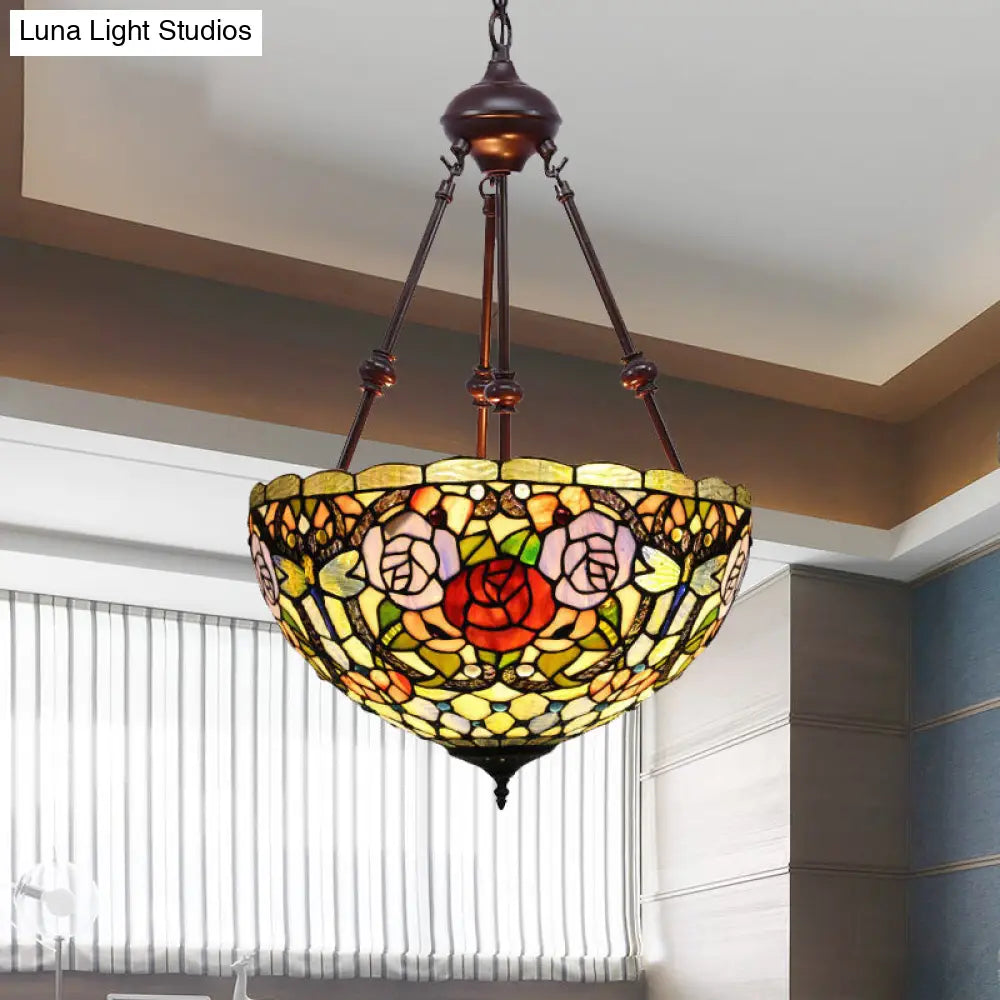 Tiffany Style 2-Light Flower Bush Chandelier Lamp with Stained Glass Pendant - Red/Yellow/Purple