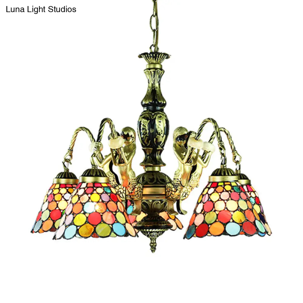 Tiffany Style Bell Shade Stained Glass Hanging Chandelier - 5-Light Ceiling Light in Antique Bronze for Bedroom