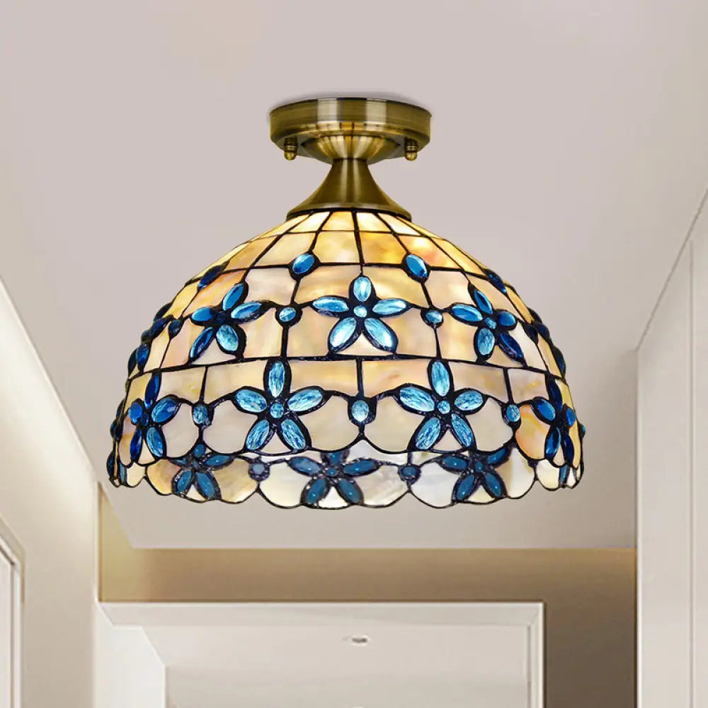 DecorBites™ DecorBites™ Tiffany Style Brass Dome Close to Ceiling Light - Blue Floral Jewels