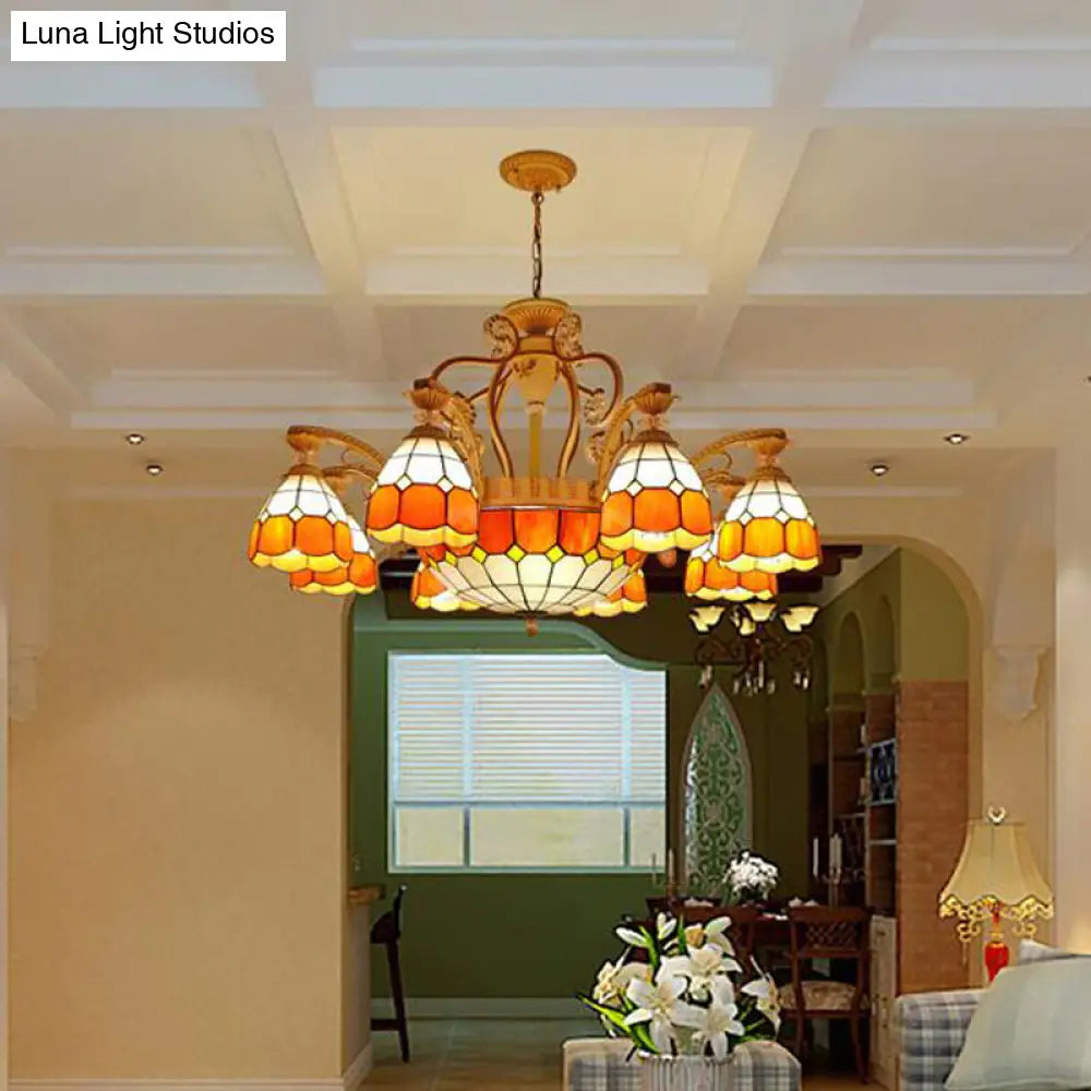 Tiffany Style Cut Glass Hanging Chandelier with 8/11 Domed Lights in Orange/Blue/Dark Blue, 31.5"/37.5" Wide