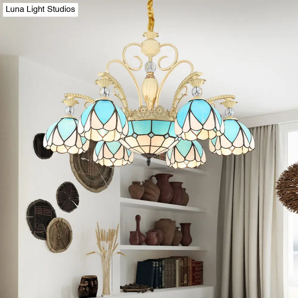 Tiffany Style Dome Chandelier with Blue Down Lighting - 3/6/9 Lights for Bedroom