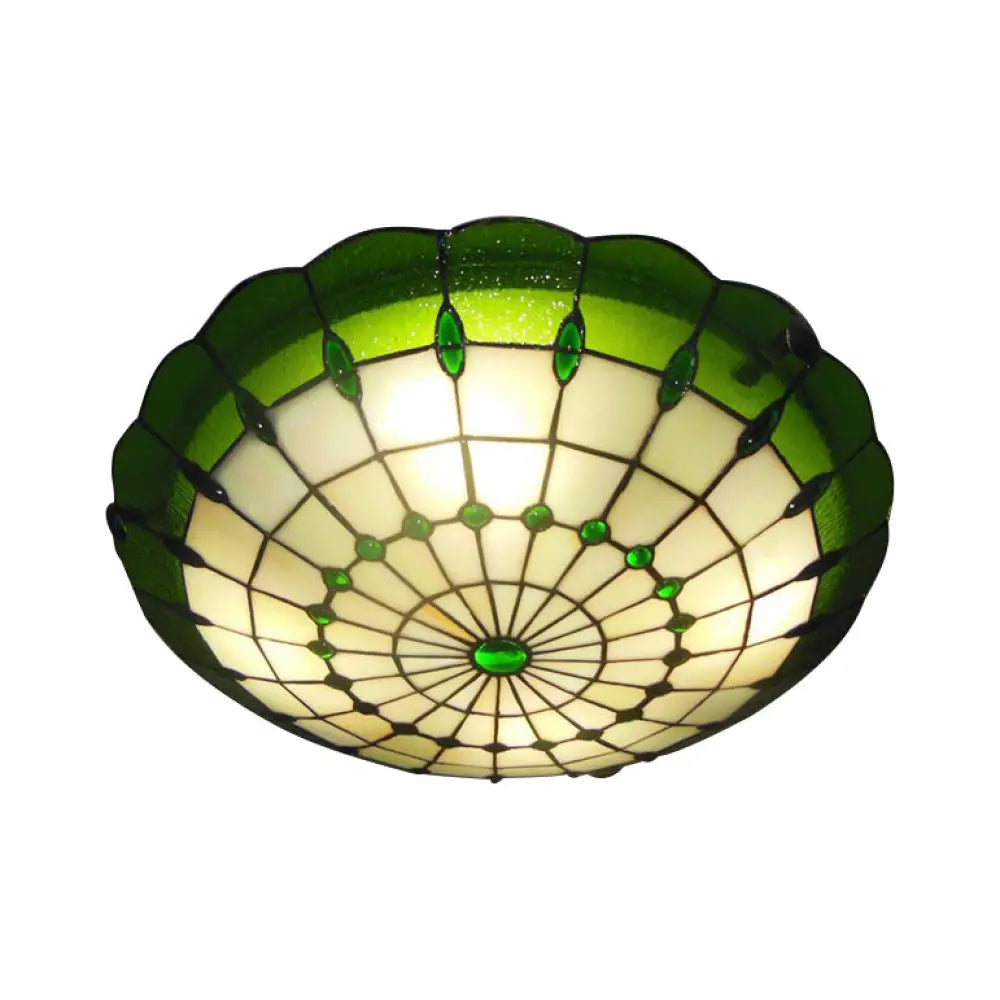 DecorBites™ DecorBites™ Tiffany Style Green/Yellow Dome Ceiling Lights with Jewel Decoration - 12"/16"/19.5" Wide Flush Mount for Bedrooms