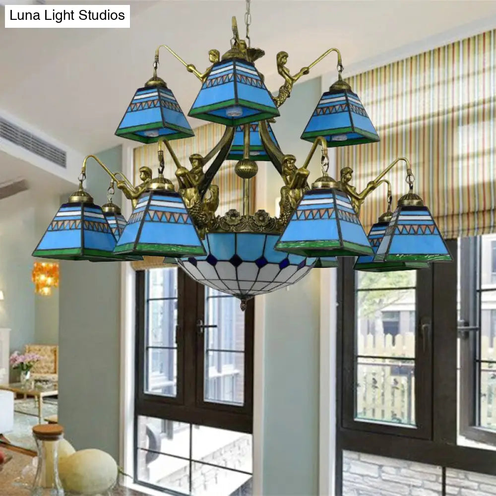 Tiffany-Style Orange/Blue Stained Glass Pyramid Chandelier: 15-Light Ceiling Lamp