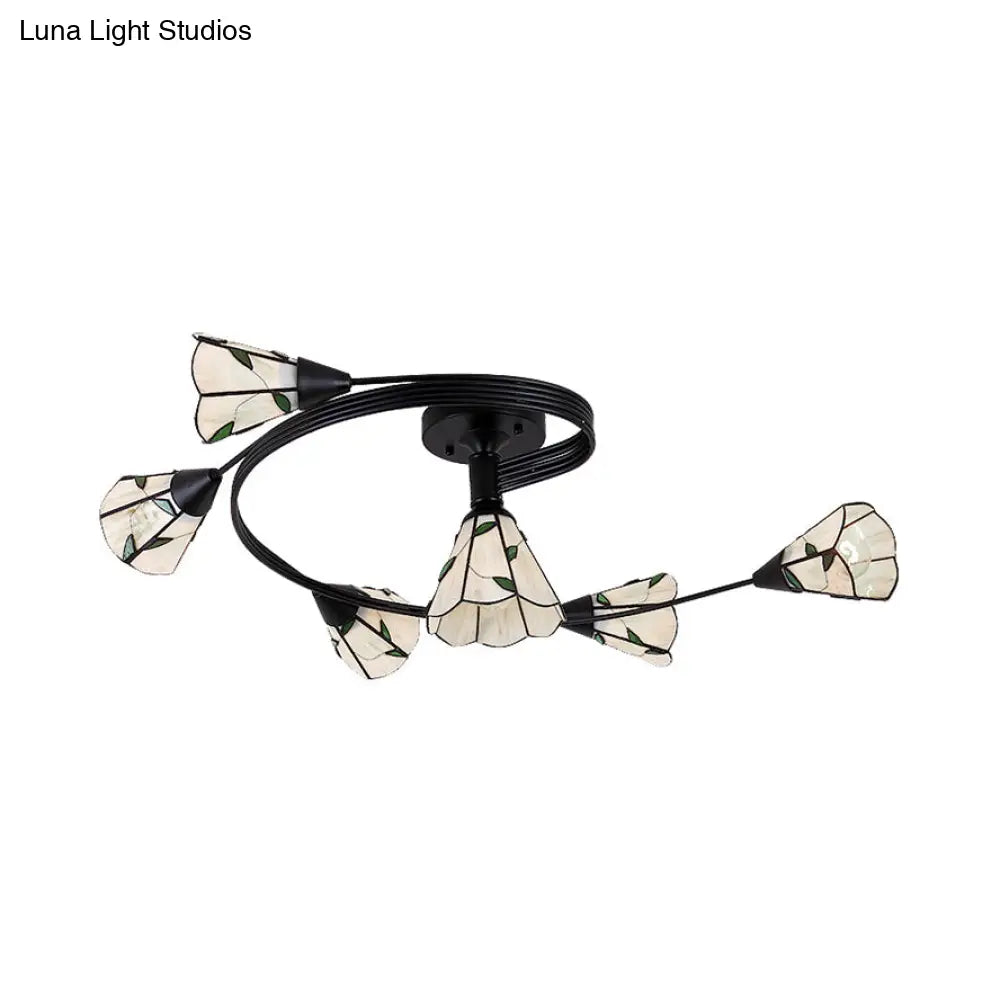 DecorBites™ DecorBites™ Tiffany Style Stained Glass Bedroom Semi Flushmount Light in White with Curved Design - 4/6 Heads