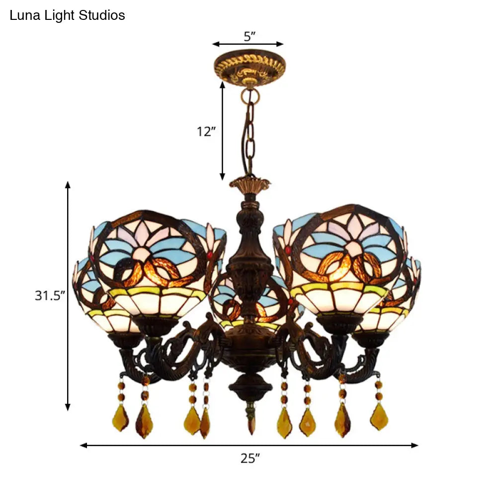 Tiffany-Style Stained Glass Chandelier with Crystal and 5 Hanging Bowl Lights in Blue for Living Room