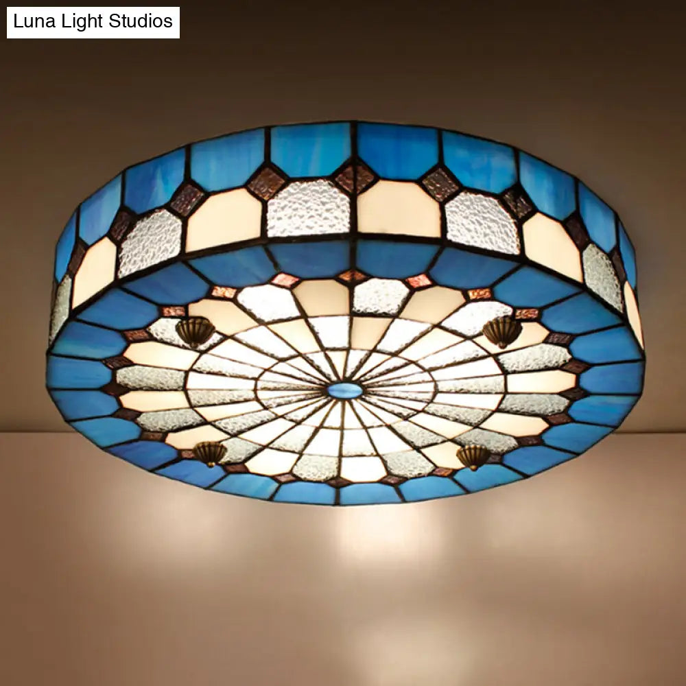 DecorBites™ DecorBites™ Tiffany Style Stained Glass Round Ceiling Light Fixture - Blue, 16"/23.5" - Flushmount with 3/4 Lights for Living Room