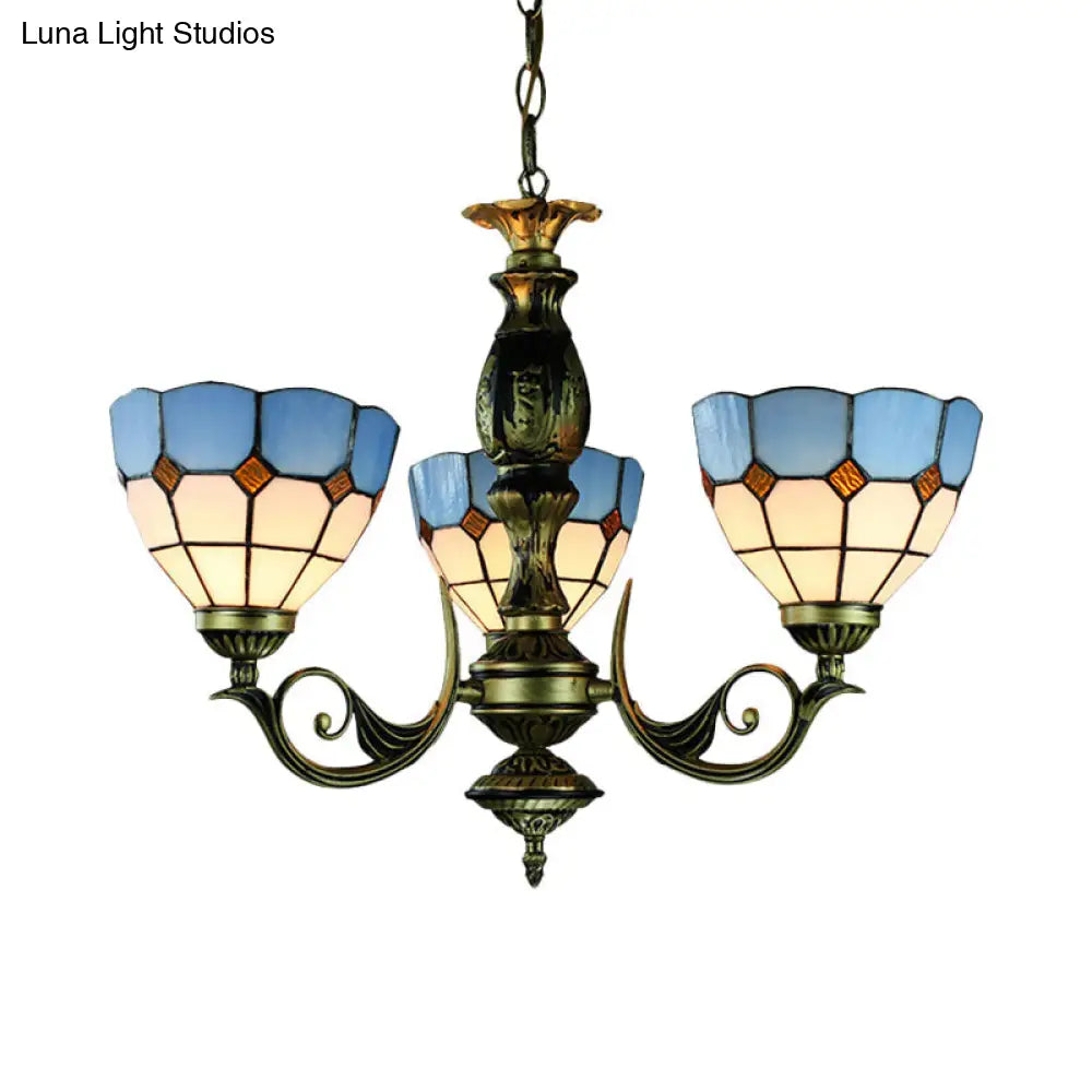 Tiffany Vintage 3-Light Pendant with Brass Finish, Blue Glass Shade, and Metal Chain