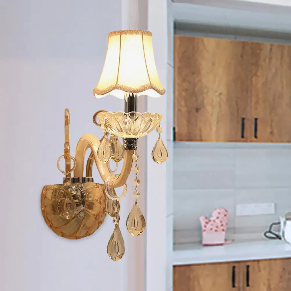 Traditional Amber Glass Candle Wall Sconce with Scalloped Fabric Shade - Bedroom Lighting