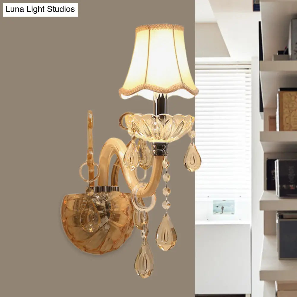 Traditional Amber Glass Candle Wall Sconce with Scalloped Fabric Shade - Bedroom Lighting