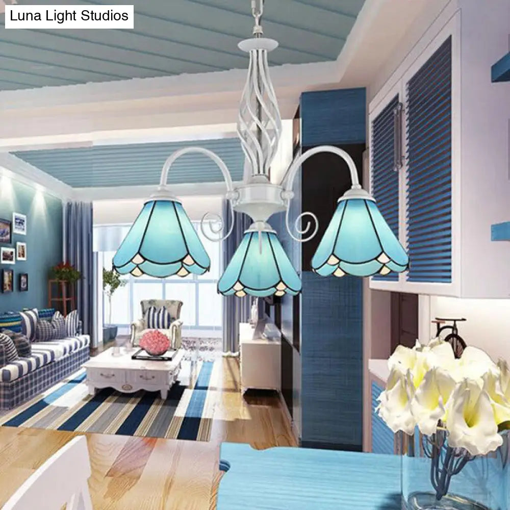 Traditional Blue Glass Cone Chandelier with 3 Lights for Dining Room