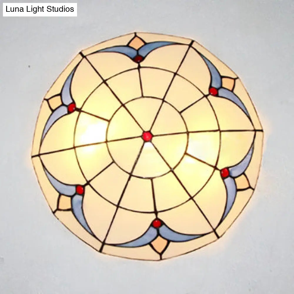 Traditional Loft Stained Glass Flush Mount Ceiling Light in Blue and White