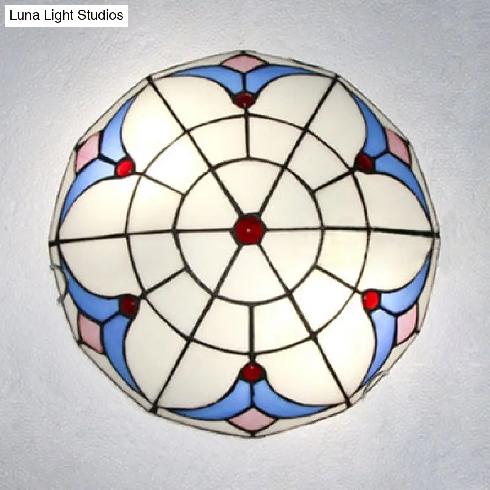 Traditional Loft Stained Glass Flush Mount Ceiling Light in Blue and White