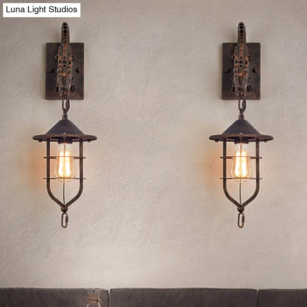 Traditional Metal Dragon Sconce: Caged Coffee Shop Wall Light Fixture with Rustic Charm