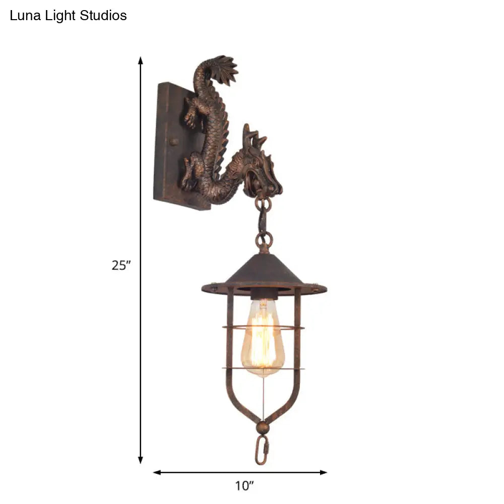 Traditional Metal Dragon Sconce: Caged Coffee Shop Wall Light Fixture with Rustic Charm