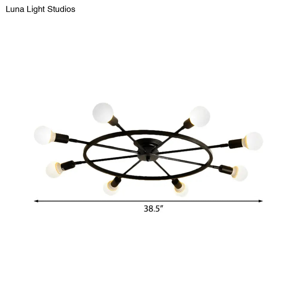 Traditional Metal Semi Flush Ceiling Light with 8 Black Wheel-Shaped Lights - Perfect for Living Room