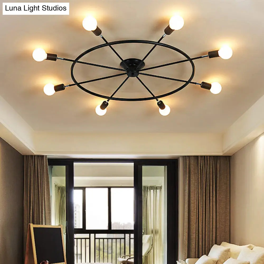 Traditional Metal Semi Flush Ceiling Light with 8 Black Wheel-Shaped Lights - Perfect for Living Room