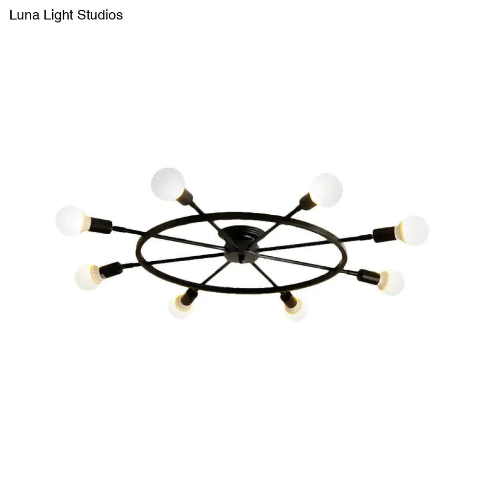 Traditional Metal Semi Flush Ceiling Light with 8 Black Wheel-Shaped Lights - Perfect for Living Room