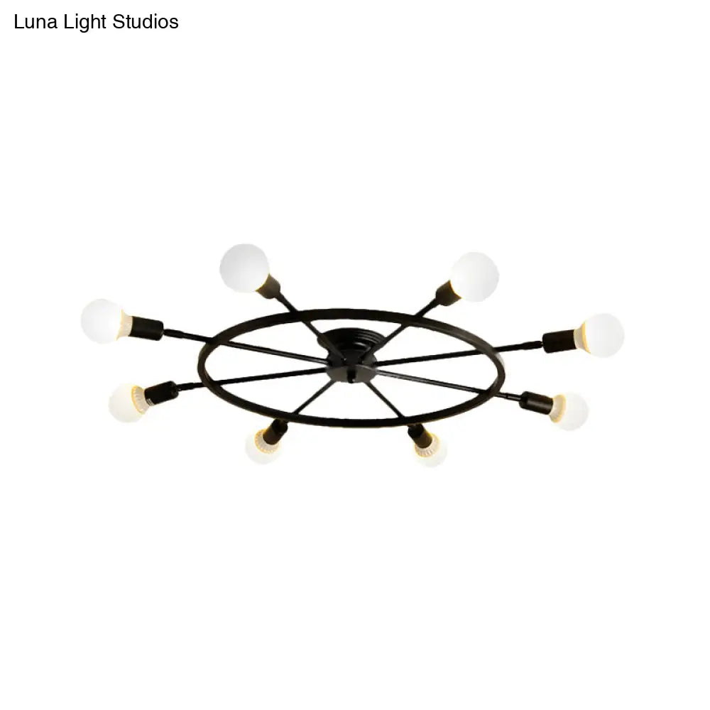 Traditional Metal Semi Flush Ceiling Light with 8 Black Wheel-Shaped Lights - Perfect for Living Room