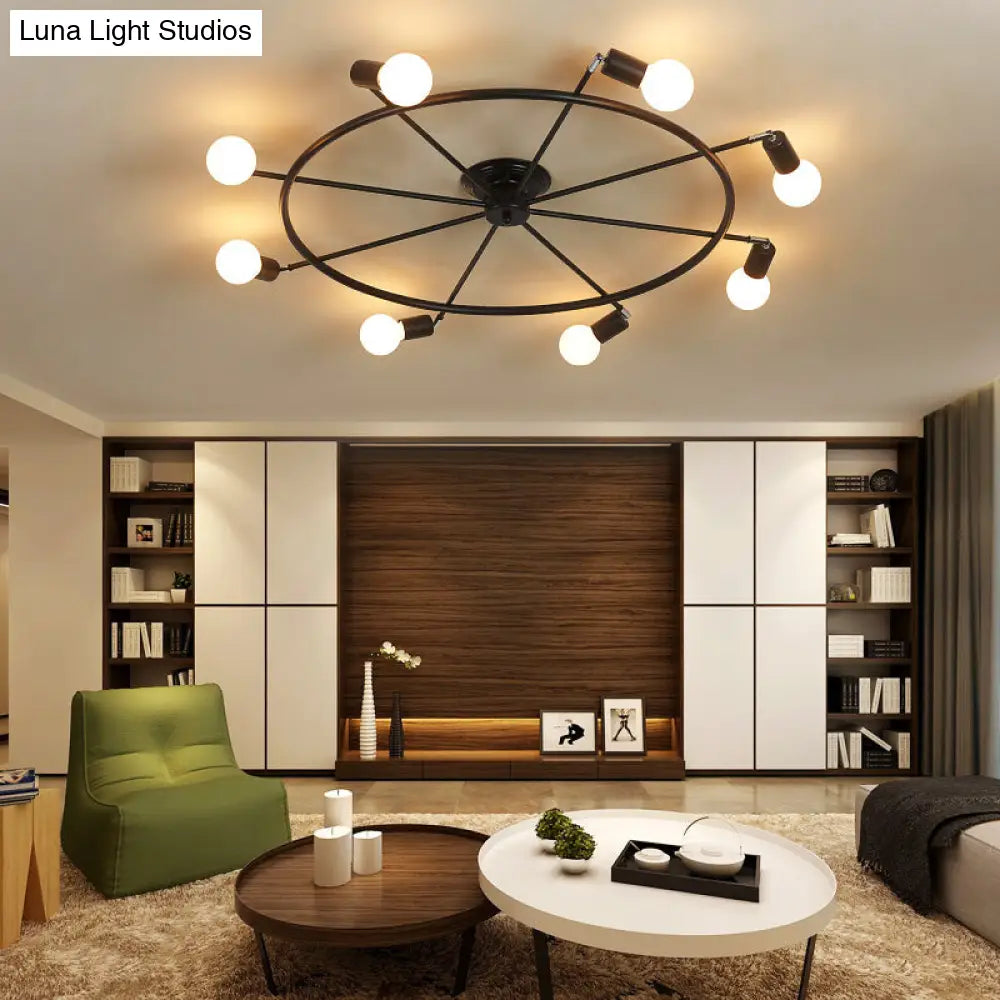 Traditional Metal Semi Flush Ceiling Light with 8 Black Wheel-Shaped Lights - Perfect for Living Room